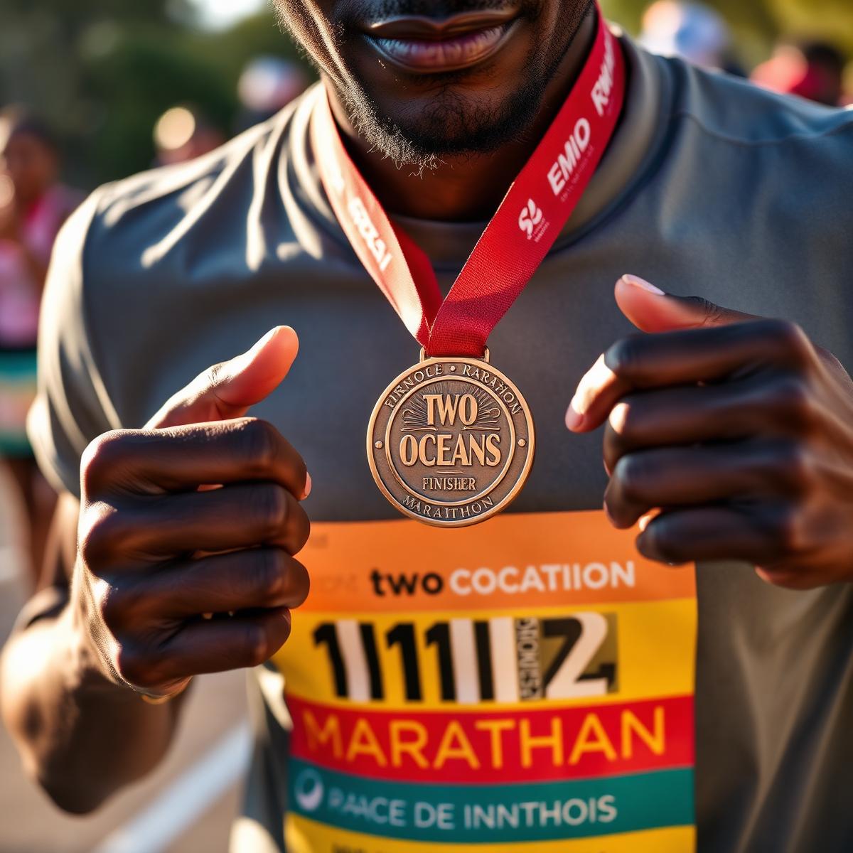 Holding the finisher medal