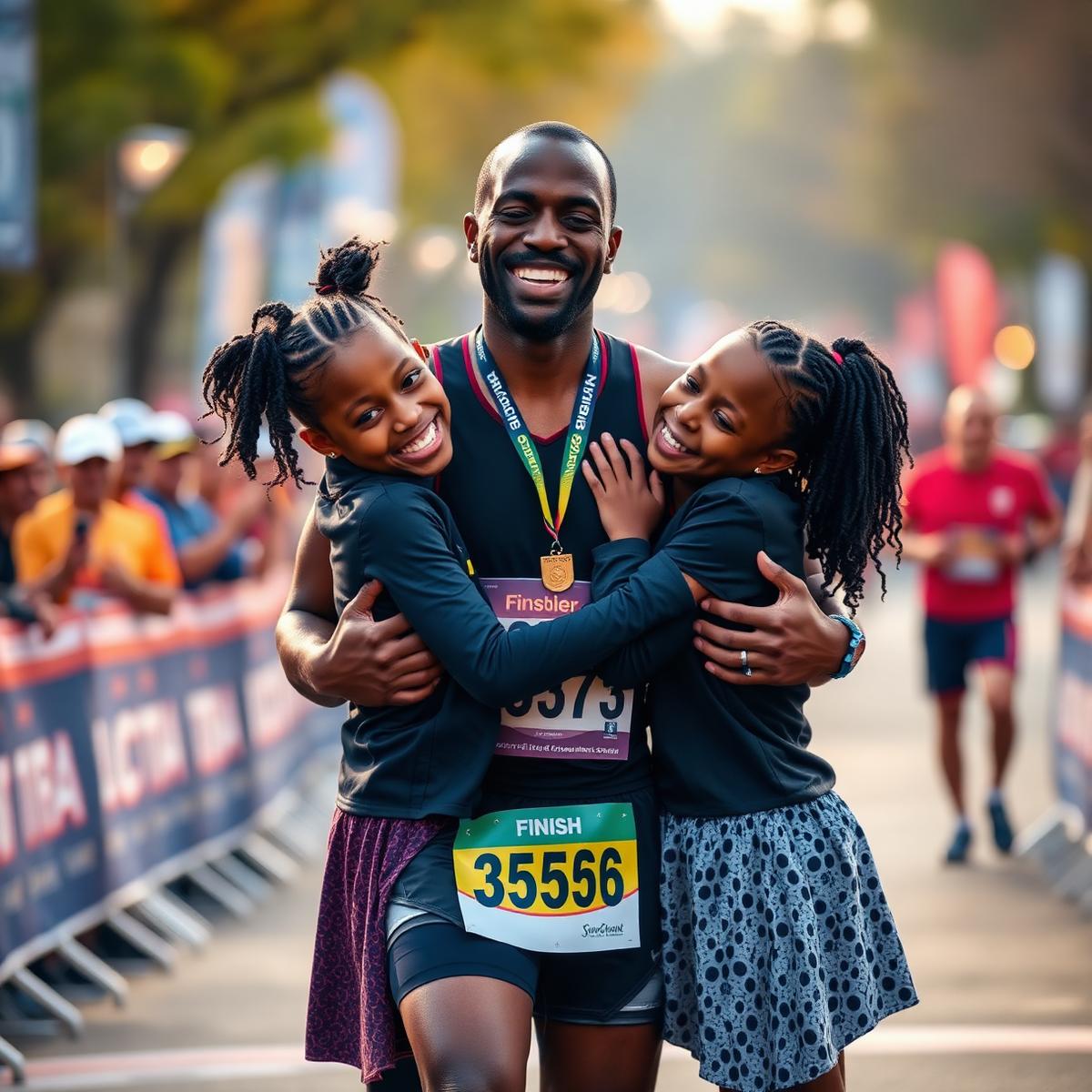 Hugging his daughters at the finish