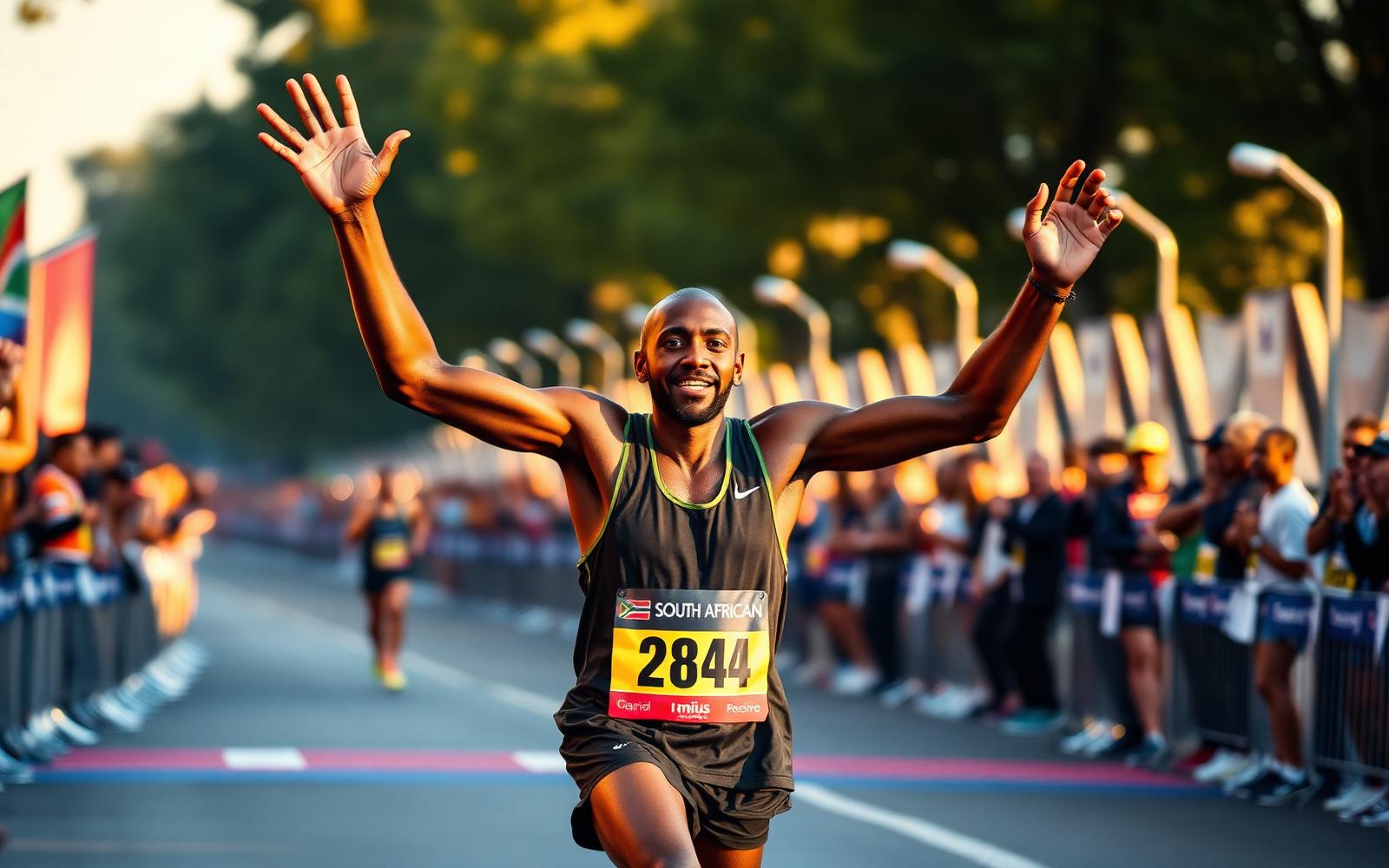 Thabo crossing the Two Oceans finish line, arms raised